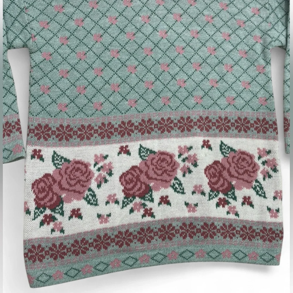 VTG Adele Knitsweater Green Floral Acrylic Granny Cottagecore USA